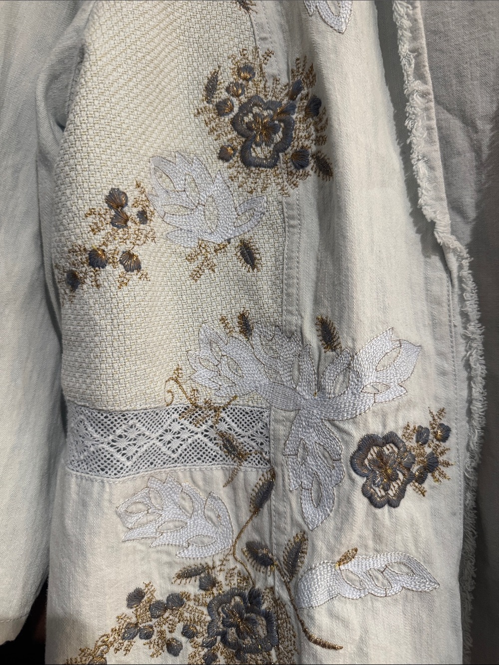 Chico’s Embroidered Linen Blend Open Front Jacket Size 1 Floral Boho Cottagecore - Picture 4 of 7